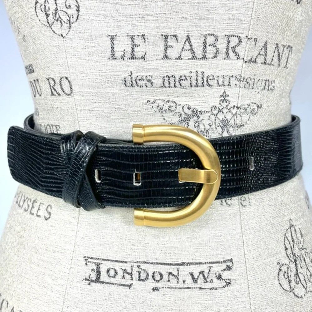 Vintage Robbie Nelson Black Leather Belt Gold Buckle USA Womens 2XL